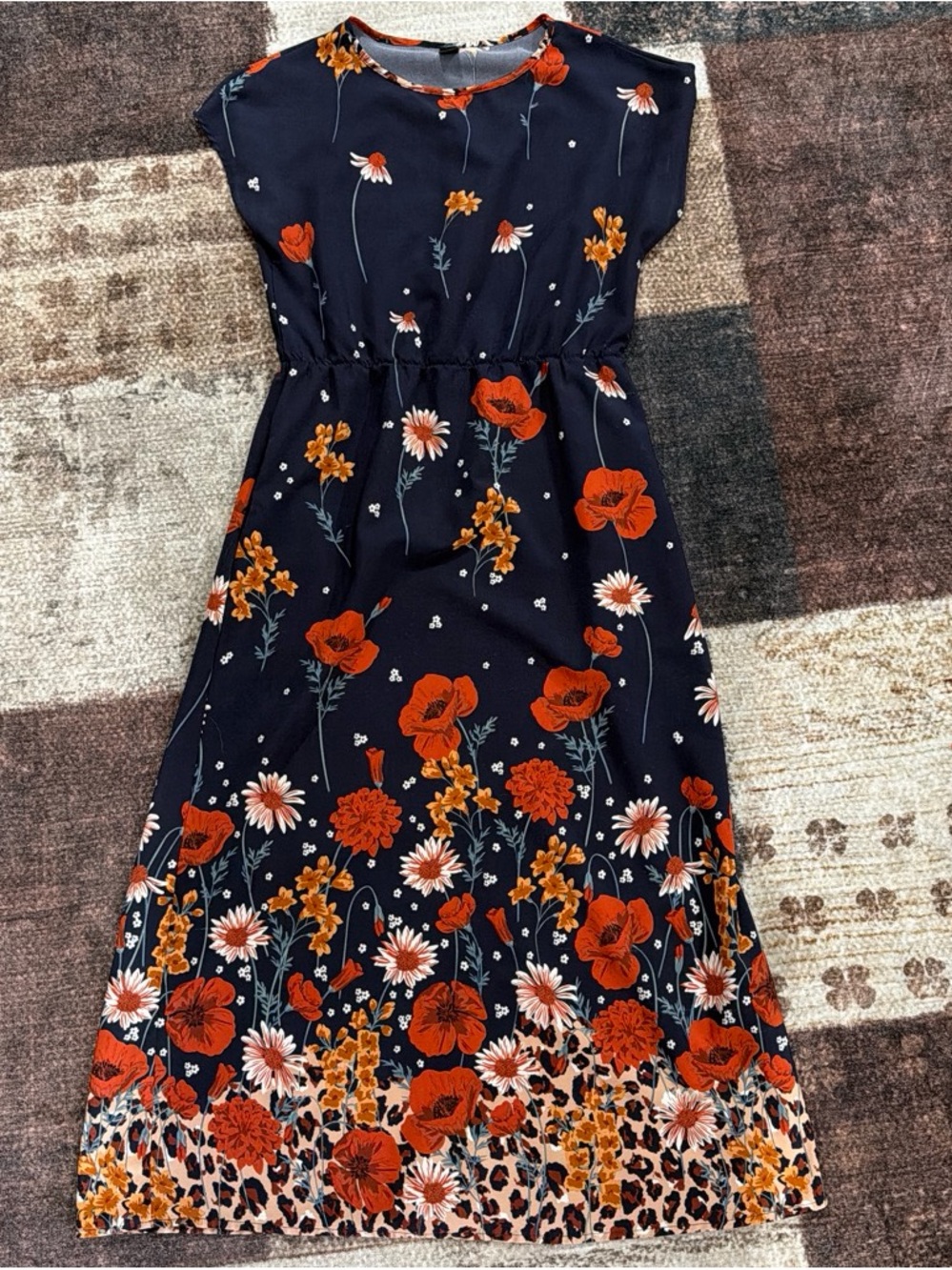Women Navy Floral Midi Dress with Orange & White Blooms